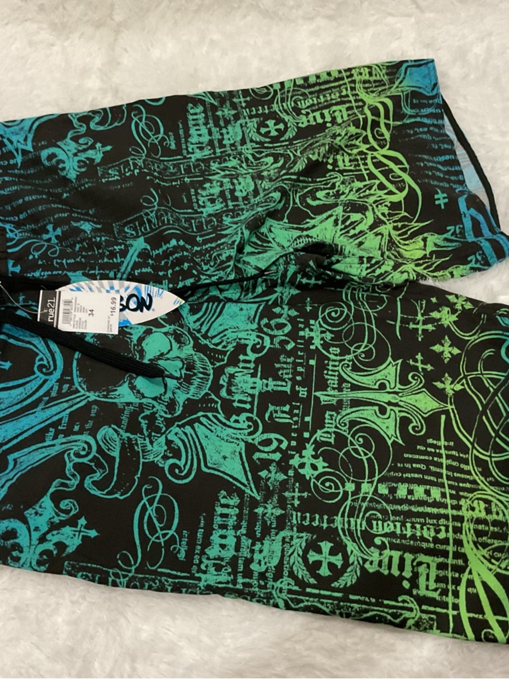 Carbon Men’s Black Swim Trunks with Blue and Green Graphic Print